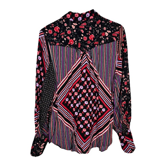 Free People Hazel Buttondown Top Medium New Black Floral Stripe Mixed Print Boho - Picture 3 of 7